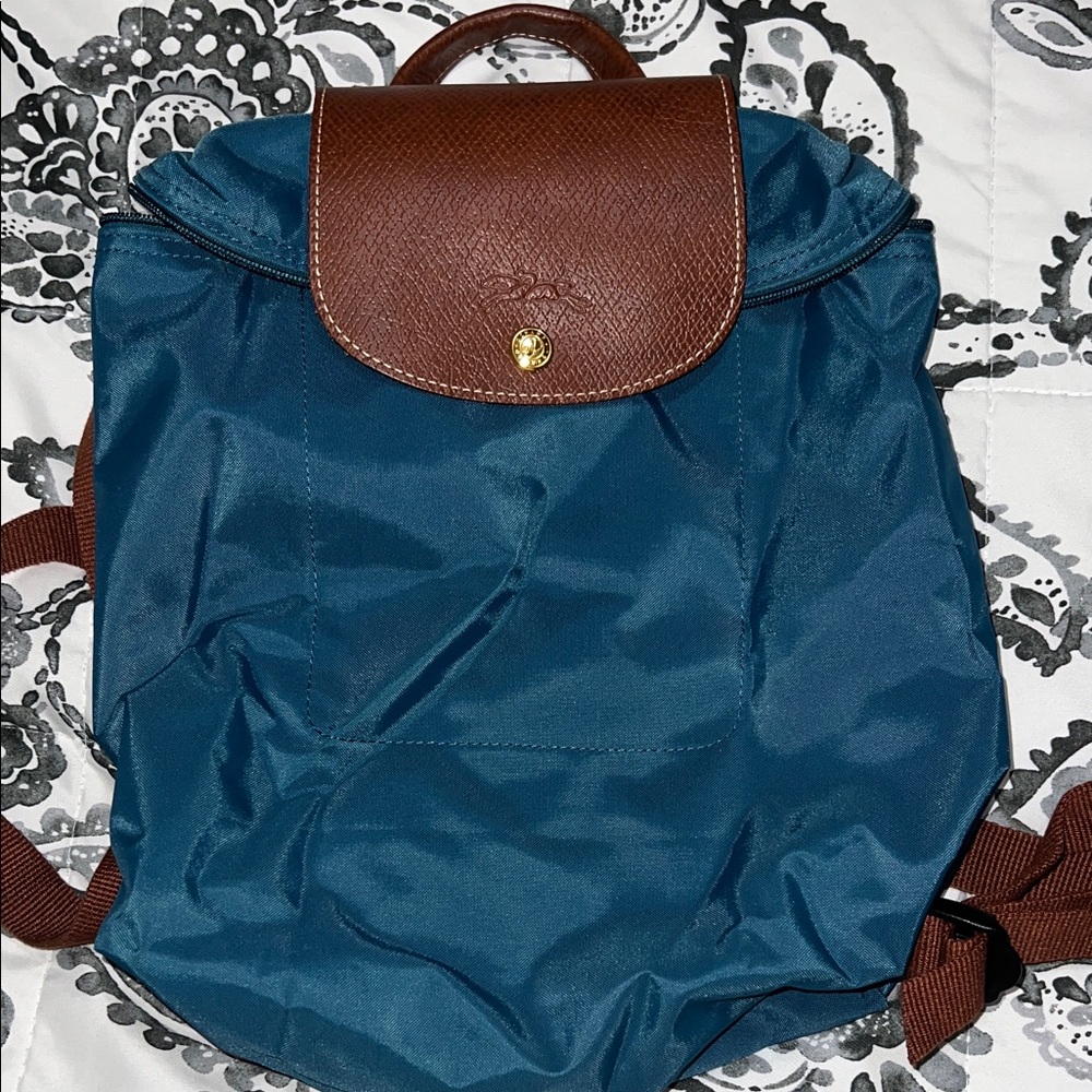Longchamp Blue and Brown foldable Backpack. Like new.
